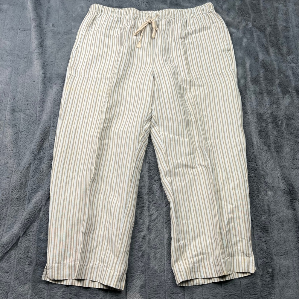 Van Heusen Womens Tan White Striped Linen Blend Drawstring Wide Leg Pants Large